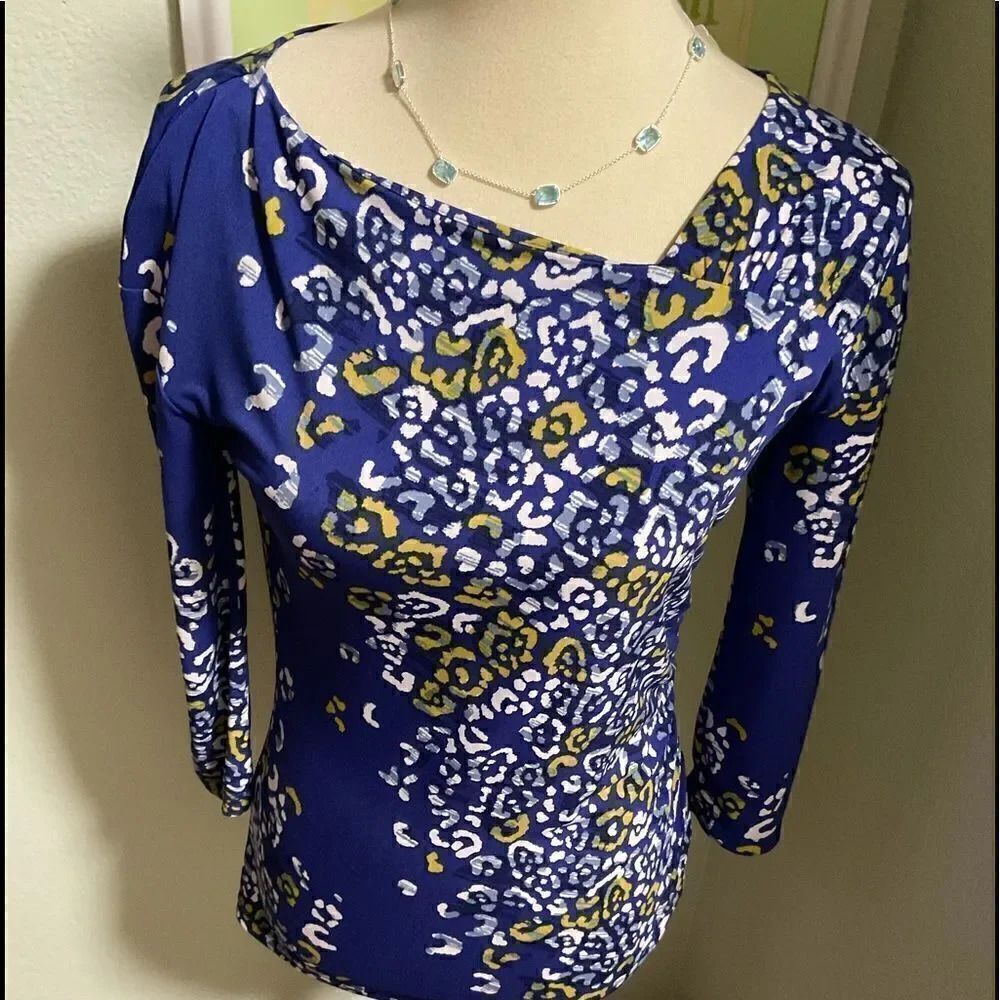 EUC Anne Klein 3/4 Sleeve Blue, White & Green Pullover Top #105